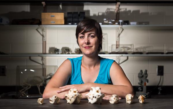 A woman stands behind a row of skulls.
