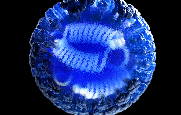 3D computer-generated rendering of a whole influenza (flu) virus