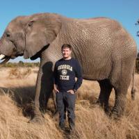 Andrew Schulz standing in front of an elephant.